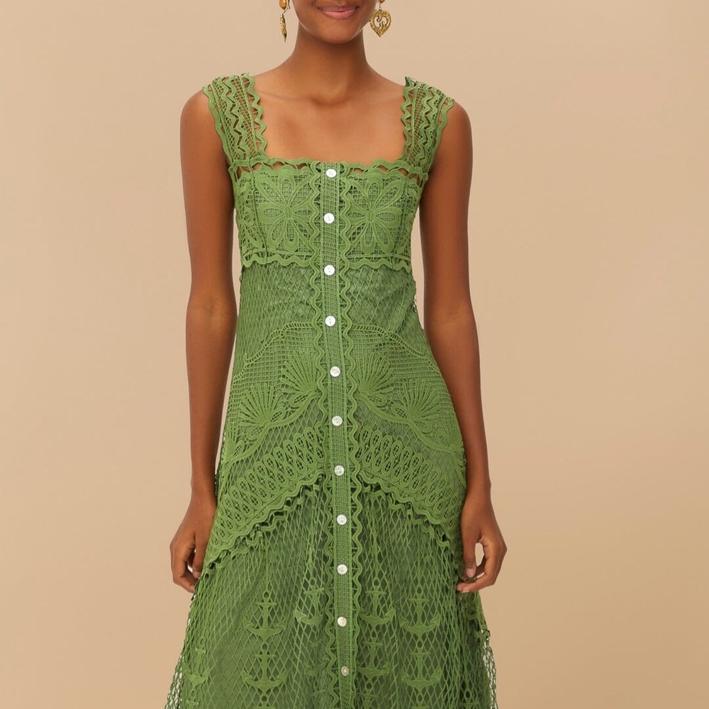 FARM Rio Green Ruched Smocked Midi Dress